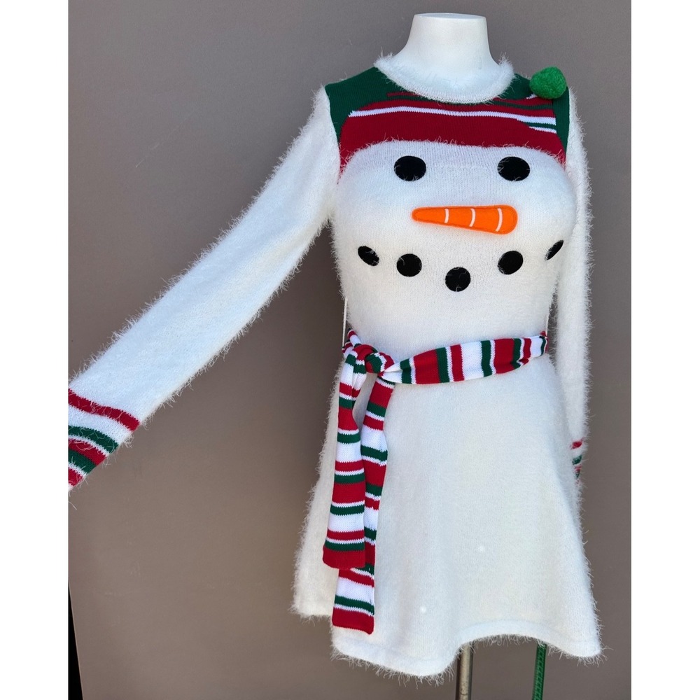 Women's Snowman Christmas Fuzzy Stretchy Sweater Dress Size XS Party Holiday NEW - Picture 3 of 13